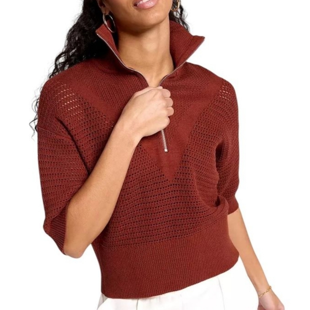 Calia Chocolate Knit Zip Polo Sweater